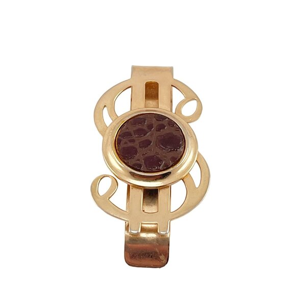 Vintage Gold Tone Tie Clip With Brown Leather Accent - Picture 5 of 5